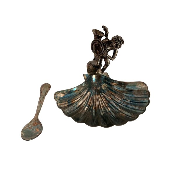 Vintage Silver Toned Cherub Scallop Shell Salt Cellar Decorative Spoon Included - Picture 2 of 10
